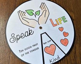 Speak Life Coloring Wheel, 10 Fruit of the Tongue, Printable Bible Activity, Watercolor, Kids Bible Lesson, Memory Game, Sunday School