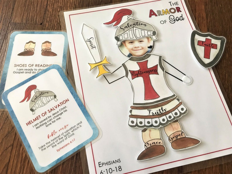 May include: A printable activity for children to learn about the Armor of God. The image shows a knight with different parts of the armor labeled with words like 'Salvation', 'Righteousness', and 'Truth'. The text 'Ephesians 6:10-18' is at the bottom of the page.