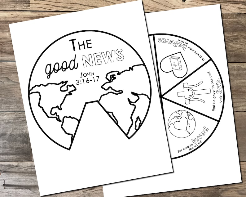 Puede incluir: P&aacute;gina para colorear imprimible en blanco y negro con un mapa del mundo y las palabras "The good news" y "Juan 3:16-17". La p&aacute;gina tambi&eacute;n incluye un c&iacute;rculo dividido en cuatro secciones con las palabras "Porque Dios am&oacute; tanto al mundo", "Que dio a su Hijo unig&eacute;nito", "El que cree en &eacute;l" y una cruz.