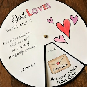 Dieu nous aime roue à colorier, Bible imprimable activité Saint-Valentin, leçon biblique pour enfants, jeu de mémoire, école du dimanche