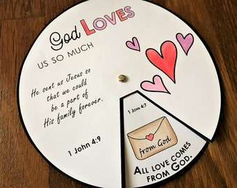 Dieu nous aime roue à colorier, Bible imprimable activité Saint-Valentin, leçon biblique pour enfants, jeu de mémoire, école du dimanche