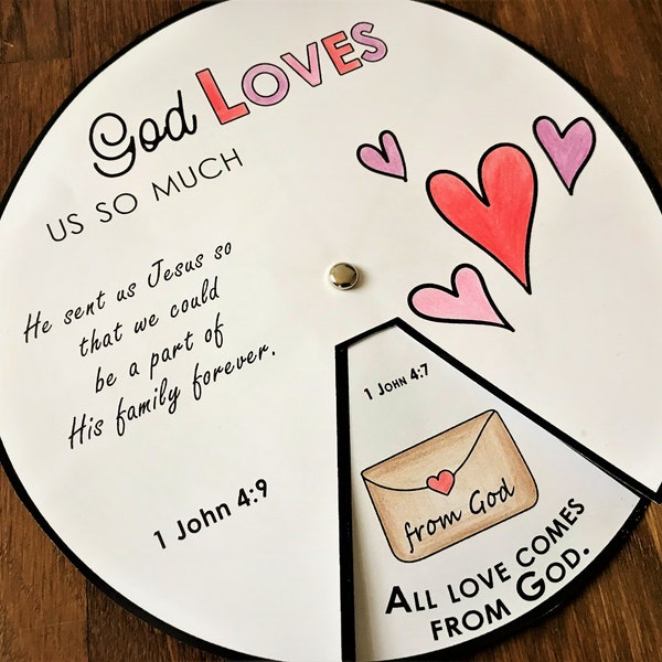 Dieu nous aime roue à colorier, Bible imprimable activité Saint-Valentin, leçon biblique pour enfants, jeu de mémoire, école du dimanche