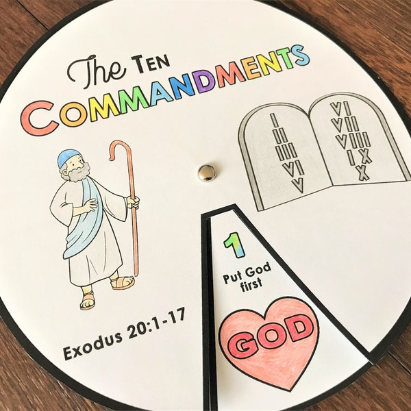 Ten Commandments Coloring Wheel, Printable Bible Activity, Watercolor, Kids Bible Lesson, Memory Game, Sunday School