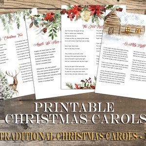 May include: Printable Christmas carol song lyrics with watercolour illustrations. The lyrics include "O Christmas Tree", "Angels We Have Heard on High", "The First Noel", and "O Holy Night".