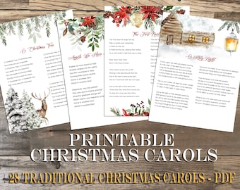 28 Christmas Carols Printable - Christmas Lyrics - Christmas Songs Printable - Watercolor - DIGITAL DOWNLOAD