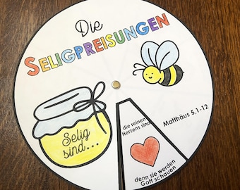 Seligpreisungen Ausmal-Rad DEUTSCH, Kinder Bergpredigt, Ausmalbild Basteln Sonntagsschule Bibelunterricht Kindergottesdienst, zum Ausdrucken