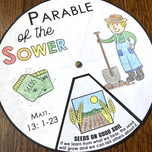 Ruota da colorare della parabola del seminatore, attività biblica stampabile, acquerello, lezione biblica per bambini, gioco di memoria, scuola domenicale