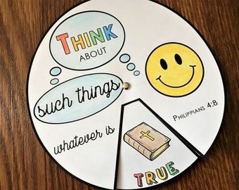 Think about such things Philippians 4:8 Coloring Wheel, Printable Bible Activity, Kids Bible Lesson, Memory Game, Sunday School