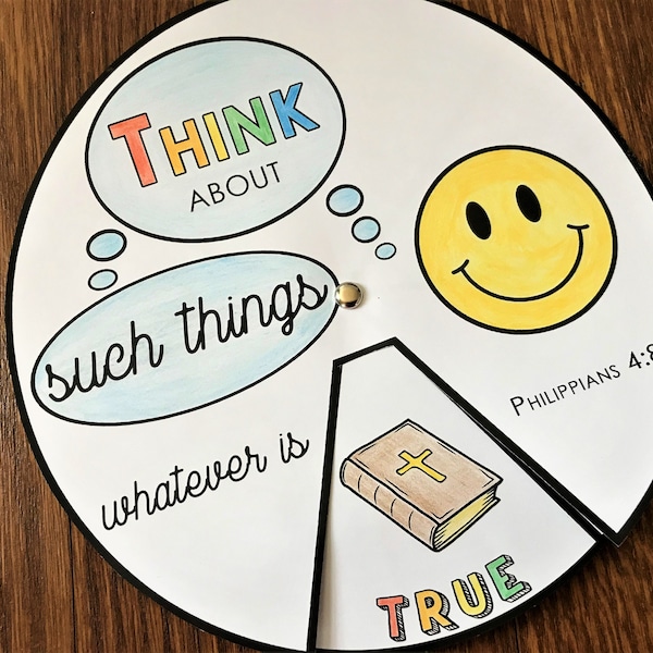 Think about such things Philippians 4:8 Coloring Wheel, Printable Bible Activity, Kids Bible Lesson, Memory Game, Sunday School