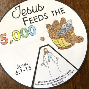 Gesù sfama i 5000 bambini, Ruota da colorare, Attività biblica stampabile, Lezione biblica per bambini, Gioco di memoria, Scuola domenicale