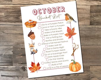 Printable October Bucket List - Fall Bucket List - Fall Kids Activities - October Checklist - Fall Checklist- Fall Family Fun