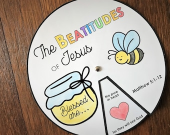 Beatitudes Coloring Wheel, Printable Bible Verse Activity, Watercolor, Kids Bible Lesson, Memory Game, Sunday School