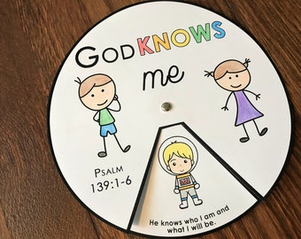 Dieu me connaît, roue à colorier du psaume 139, activité biblique à imprimer, leçon biblique pour enfants, jeu de mémoire, école du dimanche