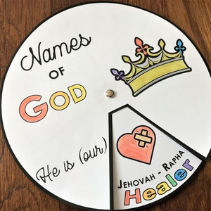 Namen van God kleurwiel, Hebreeuwse namen, afdrukbare bijbelactiviteit, kinderbijbelles, geheugenspel, zondagsschool
