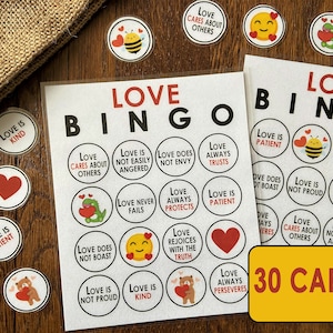 Juego de bingo bíblico para San Valentín, 1 Corintios 13, imprimible, actividad bíblica para San Valentín, juego para la educación en el hogar, escuela dominical