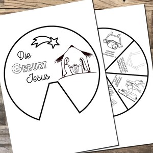 K&ouml;nnte beinhalten: Zwei Schwarz-Wei&szlig;-Illustrationen auf wei&szlig;em Papier. Eine zeigt einen Kreis mit einem Stern und dem Text "Die GEBURT Jesus". Die andere zeigt ein Rad, das in Abschnitte mit Zeichnungen und Text unterteilt ist. Die Illustrationen befinden sich auf einer Holzoberfl&auml;che.