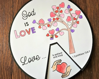 God is Love 1 Corinthians 13 Coloring Wheel, Printable Bible Activity, Watercolor, Kids Bible Lesson, Memory Game, Sunday School