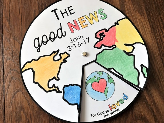 The Good News John 3:16 Coloring Wheel, Printable Bible Activity, Gospel, Kids Bible Lesson, Memory Game, Sunday School