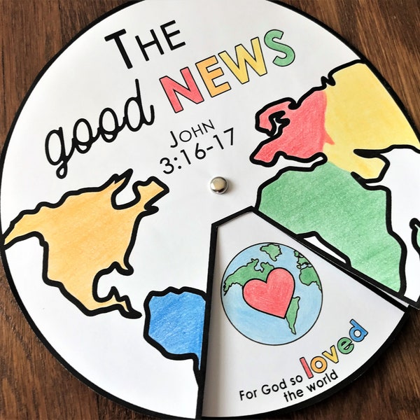 La bonne nouvelle Jean 3:16 roue de coloriage, activité biblique imprimable, évangile, leçon biblique pour enfants, jeu de mémoire, école du dimanche