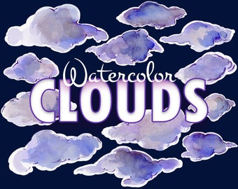 Hand painted blue and purple watercolour clouds, 12 individual high resolution PNG files, transparent background, clip art, digital download