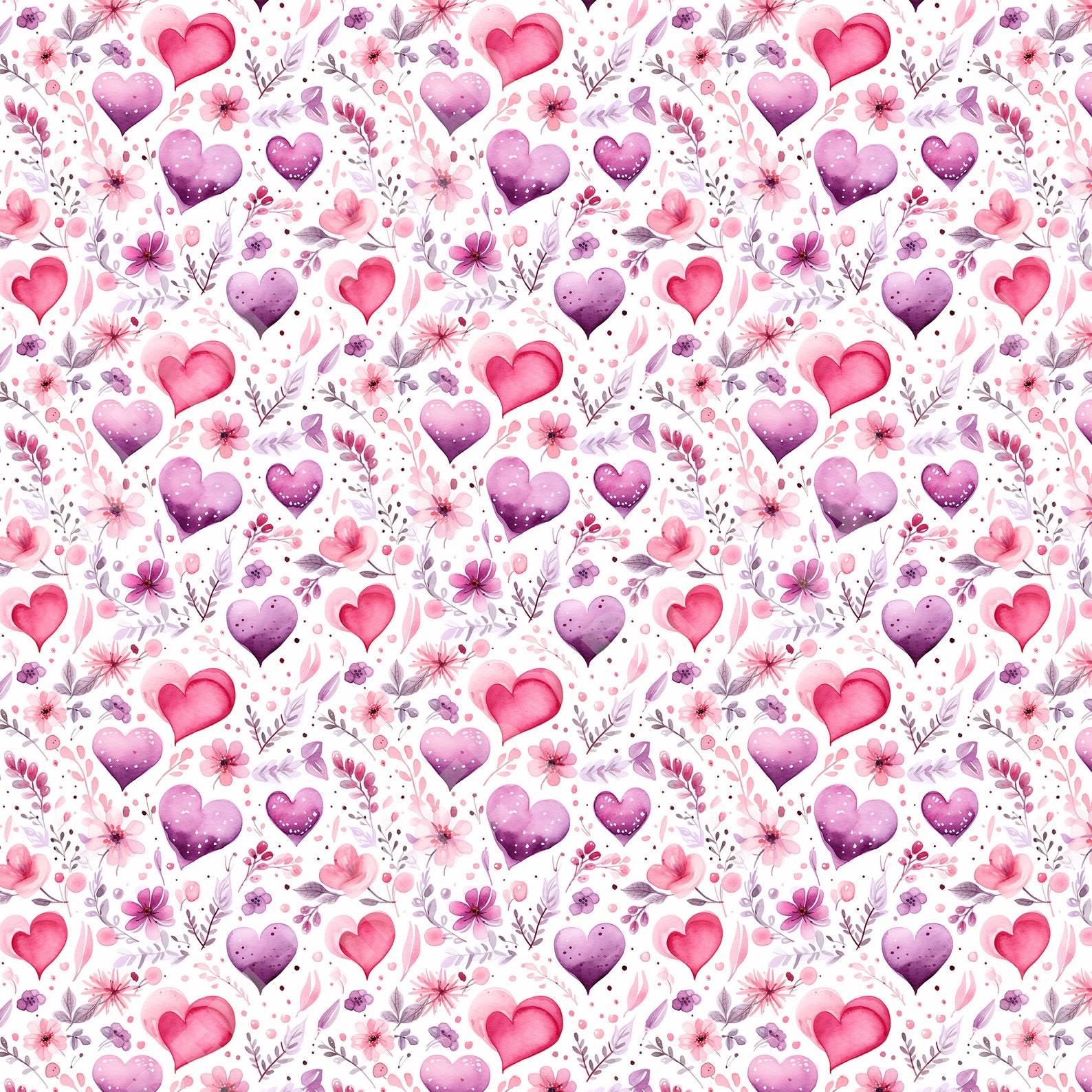 Watercolor Floral Hearts Seamless Pattern – Pink & Purple (digital ...