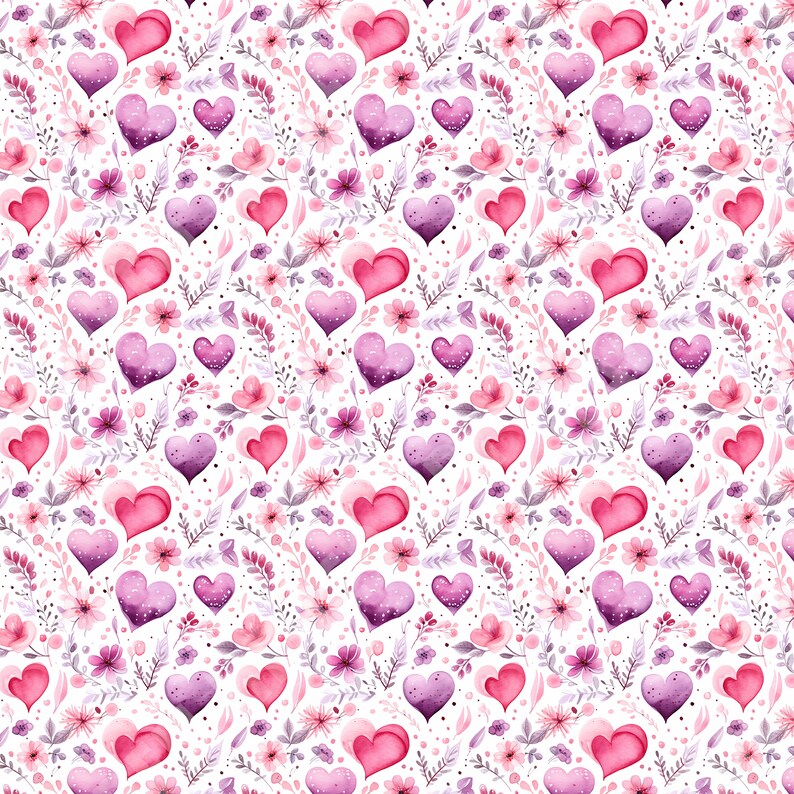 Watercolor Floral Hearts Seamless Pattern – Pink & Purple (digital ...