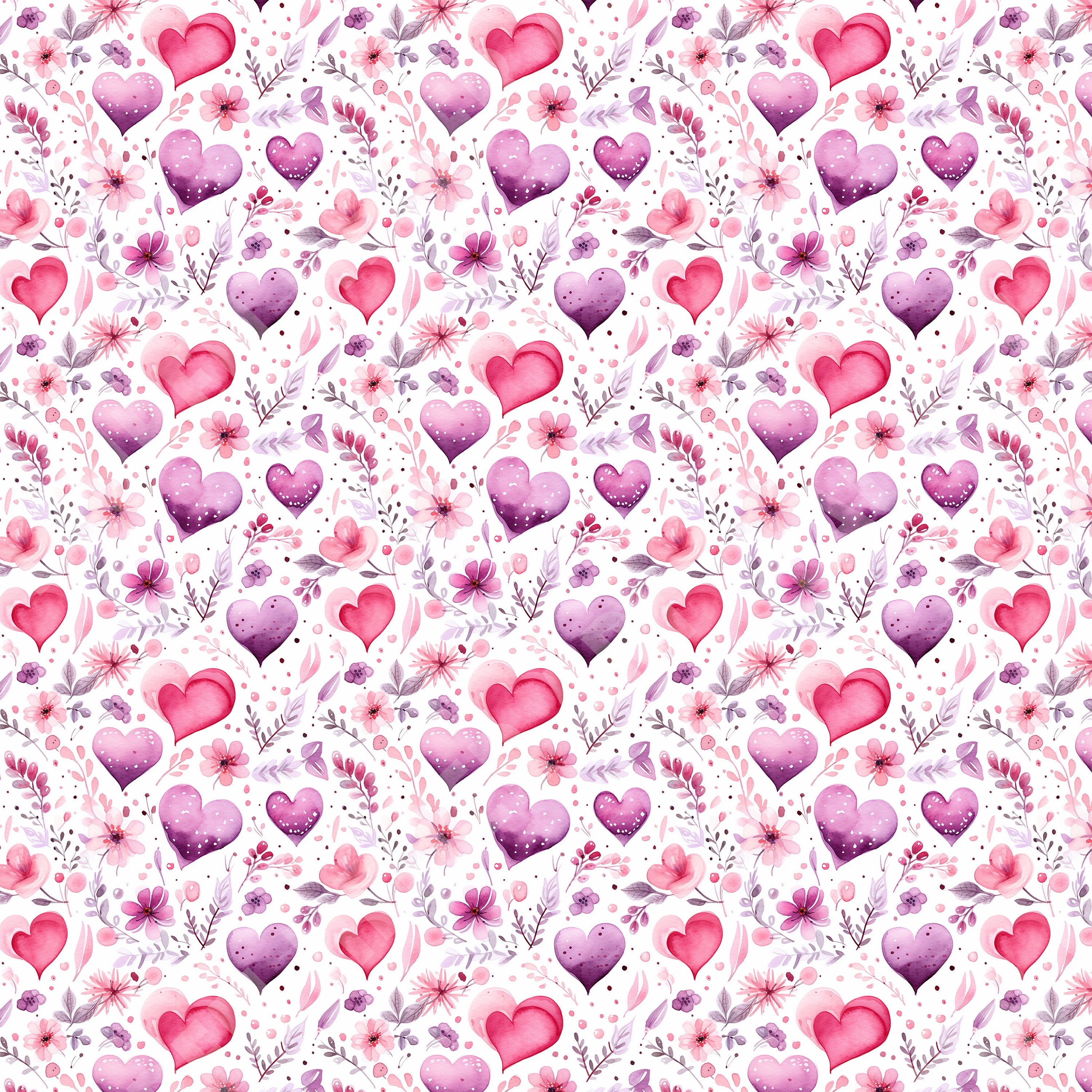Watercolor Floral Hearts Seamless Pattern – Pink & Purple (digital ...