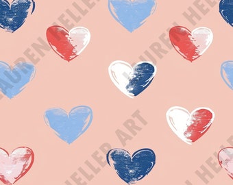 4th of July - Red, White and Blue Illustrated Hearts - Seamless Repeating Pattern Repeat Pattern - Patriotic Design Independence Day July 4