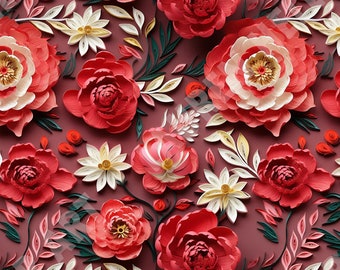 Red Romantic Paper Quilled Peonies - Seamless, Repeating Pattern - 2 files, tiled & not tiled - 300 DPI, High Resolution, Print Ready