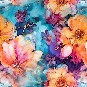 Alcohol Ink Wildflower Fabric Seamless Pattern Pattern Digital Download Inky Watercolor Flowers Beautiful Pink Blue Yellow Purple Florals