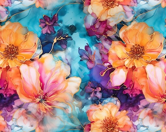 Alcohol Ink Wildflower Fabric Seamless Pattern Pattern Digital Download Inky Watercolor Flowers Beautiful Pink Blue Yellow Purple Florals