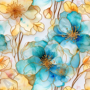 以下が含まれることがあります： 青い花と黄色の花が金色の輪郭で描かれた抽象的な花のデザイン。花は水彩画のスタイルで描かれており、柔らかく幻想的な雰囲気があります。