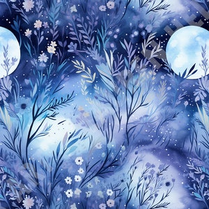 Moonlit Meadows: Celestial Flowers in Night&#39;s Glow - Seamless, Repeating Pattern - 2 files, tiled & not tiled - 300 DPI, High Resolution RGB