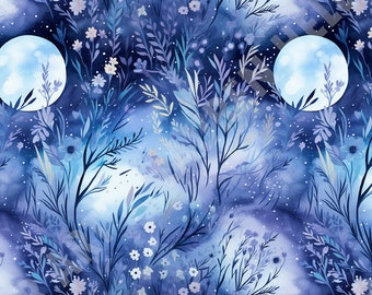 Prados iluminados por la luna: Flores celestiales en el resplandor de la noche - Patrón repetitivo sin costuras - 2 archivos, en mosaico y sin mosaico - 300 DPI, RGB de alta resolución