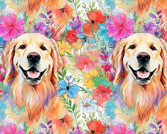 Graffiti Illustrative Style Golden Retriever Seamless Pattern - 2 files,  tiled and not tiled - 300 DPI, High Resolution, Print Ready