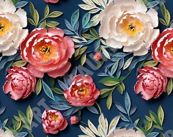 Cottagecore Paper Quilled Peonies - Seamless, Repeating Pattern - 2 files, tiled & not tiled - 300 DPI, High Resolution, Print Ready