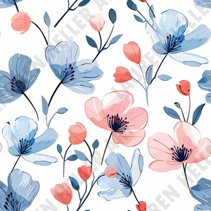 4th of July - Red White and Blue Watercolor Flowers - Seamless Repeating Pattern Repeat Pattern - Patriotic Design - Independence Day July 4