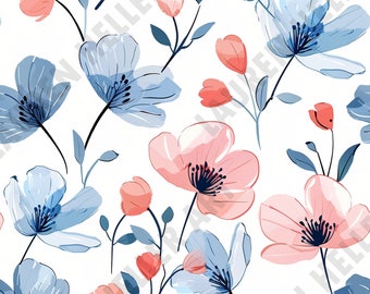 4th of July - Red White and Blue Watercolor Flowers - Seamless Repeating Pattern Repeat Pattern - Patriotic Design - Independence Day July 4