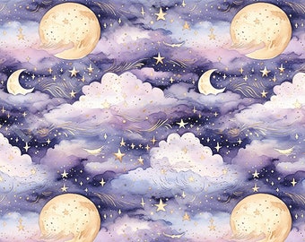 Purple Moon Clouds - Seamless, Repeating Pattern - 2 files, tiled & not tiled - 300 DPI, High Resolution, RGB