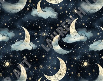 Cloudy Moon Serenade: Ethereal Nighttime Harmony - Seamless, Repeating Pattern - 2 files, tiled & not tiled - 300 DPI, High Resolution, RGB