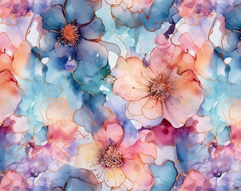 Illustrated Pastel Alcohol Ink Flowers - Seamless, Repeating Pattern - 2 files, tiled & not tiled - 300 DPI, High Resolution, Print Ready