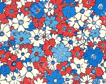 4th of July - Red White and Blue Retro Flowers - Seamless Repeating Pattern Repeat Pattern - Patriotic Design - Independence Day - July 4