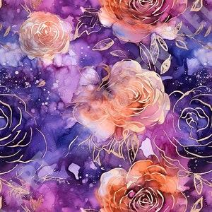 Repeatable Pattern Floral Seamless Tileable Pattern Alcohol Ink Rose Gold Flower Digital Paper Floral Pattern Pink Purple Orange Roses
