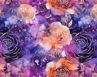 Repeatable Pattern Floral Seamless Tileable Pattern Alcohol Ink Rose Gold Flower Digital Paper Floral Pattern Pink Purple Orange Roses
