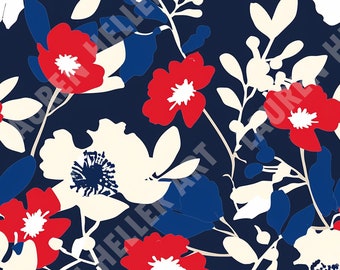 4 de julio - Estampado floral rojo, blanco y azul - Patrón de repetición sin costuras - Diseño patriótico - Día de la Independencia - 4 de julio