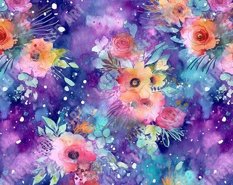 Illustrative Wildflower Watercolor Galaxy - Seamless Repeating Pattern - 2 files, tiled & not tiled - 300 DPI, High Resolution, Print Ready