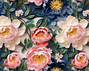 Delicate Paper Quilled Peonies - Seamless, Repeating Pattern - 2 files, tiled & not tiled - 300 DPI, High Resolution, Print Ready