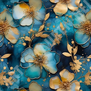 Tileable Design Pattern Repeatable Digital Paper Alcohol Ink Flowers Wildflower Fabric Blue and Gold Flower Painting