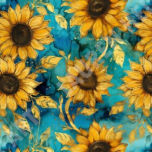 May include: A seamless pattern featuring golden sunflowers with black centers on a teal blue background with gold accents. The sunflowers are arranged in a repeating pattern, with some overlapping.