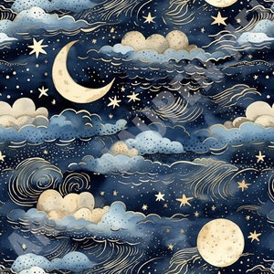 Starlit Moon Magic - Seamless, Repeating Pattern - 2 files, tiled & not tiled - 300 DPI, High Resolution, RGB